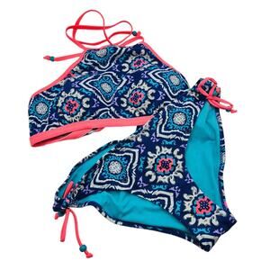 Bingo Womens Sz M/L Bikini Swimsuit Set Blue Purple Pink Floral Print